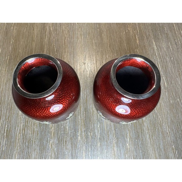 Pair VTG/Antique Japanese Cloisonné Ginbari Vases - Red, Plum Branches Blossoms - Picture 8 of 10